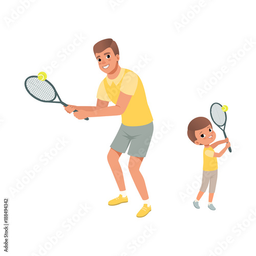 Cheerful dad and his son playing in tennis. Father and child dressed in shorts and t-shirts. Active sport. Fatherhood concept. Physical activity. Flat vector design © topvectors