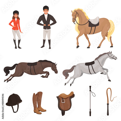 Cartoon jockey icons set with professional equipment for horse riding. Woman and man in special uniform with helmet. Equestrian sport concept. Flat vector design