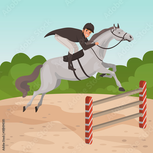 Smiling man jockey on gray horse jumping over hurdle. Male character in equestrian helmet, dark-colored coat and white pants. Nature landscape. Flat vector design