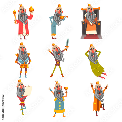 Set of funny king in various clothes. Cartoon character of old bearded man wearing gold crown. Ruler of kingdom. Flat vector design for postcard or children s book