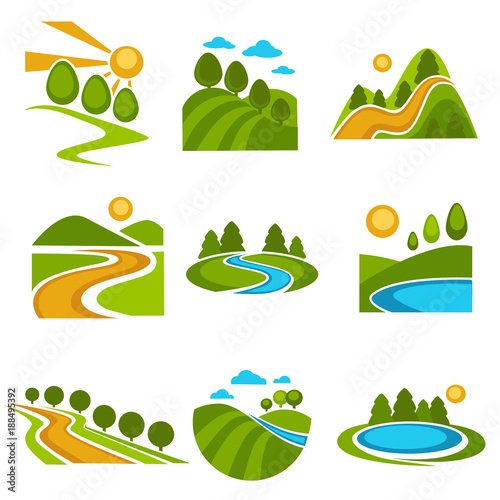 Landscape design company vetor green trees nature icons set