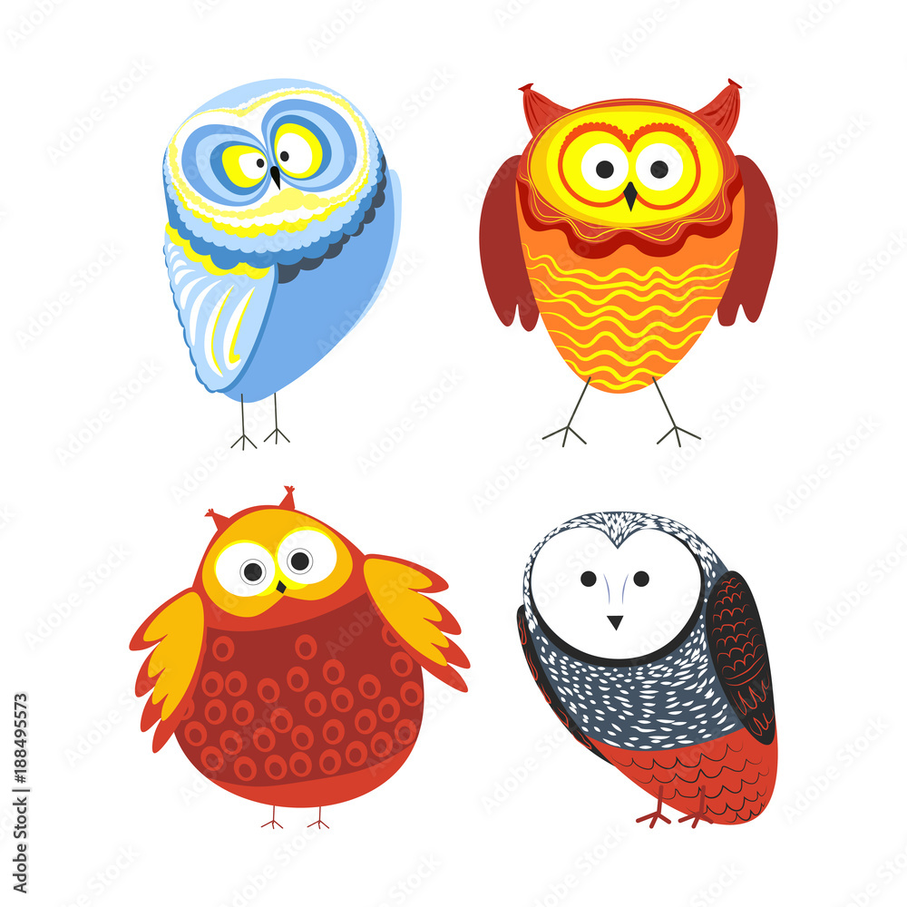 Owls cartoon kid funny characters with feather ornament.