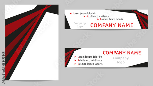 Template cover A4 and two banners. Red triangles on the black background, white copy space, flat graphic. Vector layout for brochures, books, magazines, headers, portfolio, leaflets, flyers. EPS10