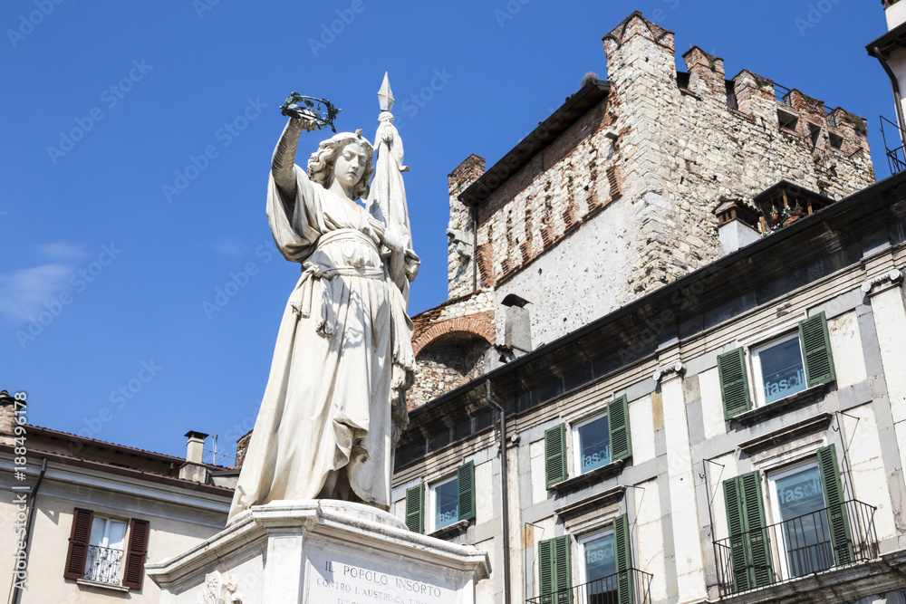 The Statue of Victory, a memorial of Italian war against Austria. Piazza della Loggia, Brescia, Italy