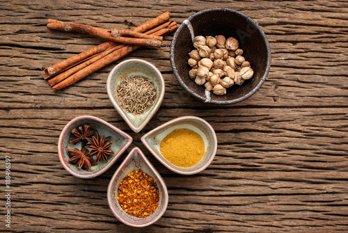 Spices and herbs cook in a glass.