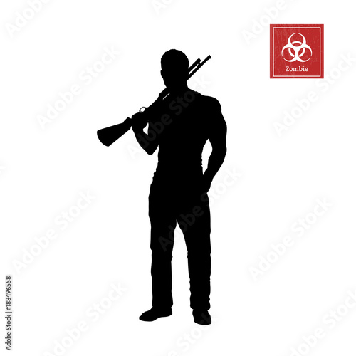 Black silhouette of man with shotgun on white background. Zombie shooter. Character for computer game or thriller. Hunter with rifle. Vector illustration