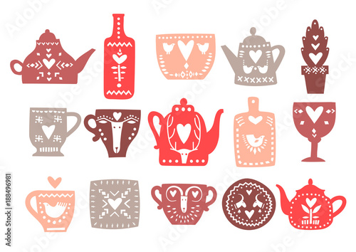 Vector set of hand drawn teapots with hearts and Scandinavian ornaments Fototapet