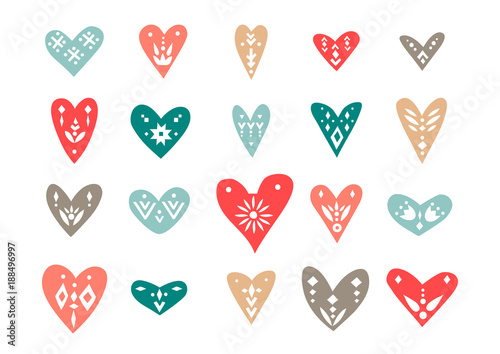 Vector set of hand-drawn hearts with Scandinavian ornaments.