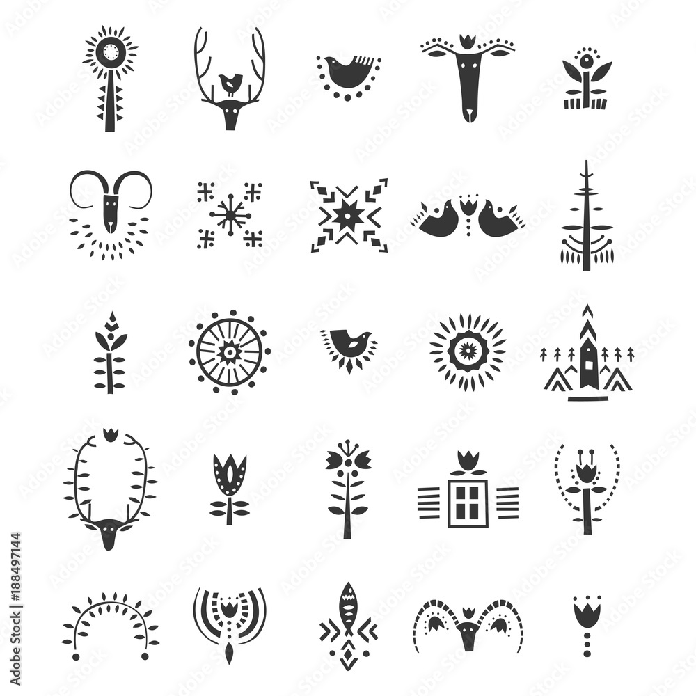 Vector set of hand drawn decorative animals and plants in Scandinavian style. For posters, patterns, lettering. - obrazy, fototapety, plakaty 