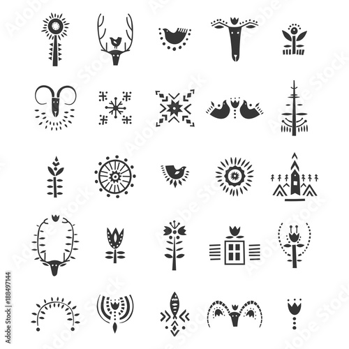 Vector set of hand drawn decorative animals and plants in Scandinavian style. For posters, patterns, lettering. photo