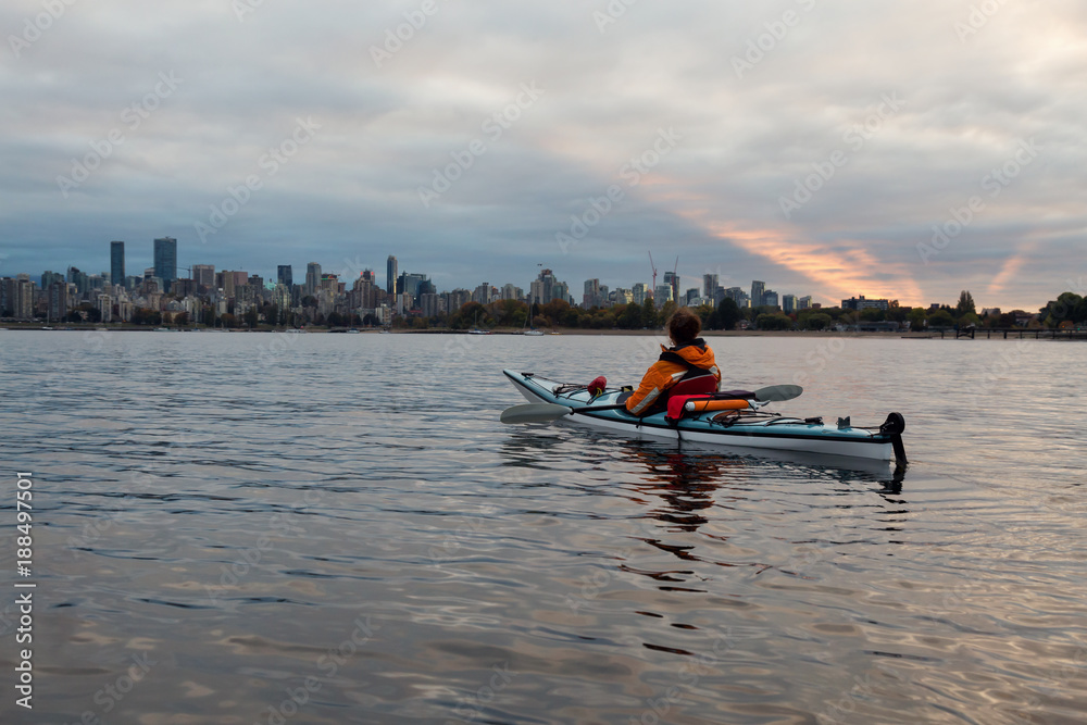 Kayaking in Vancouver during cloudy Sunrise