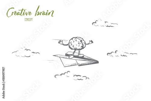 Creative brain concept. Hand drawn power of mind, human brain. Right and left hemispheres flying isolated vector illustration.