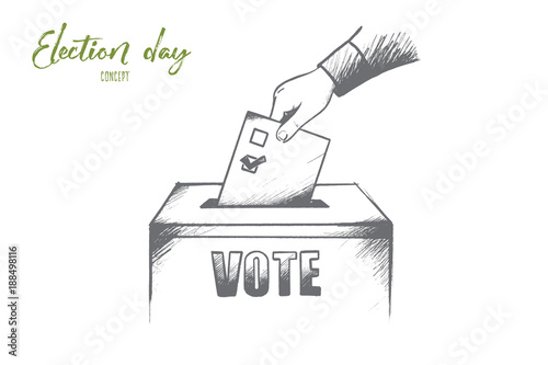 Election day concept. Hand drawn hand of person deliver their vote. Ballot at the polling station isolated vector illustration.