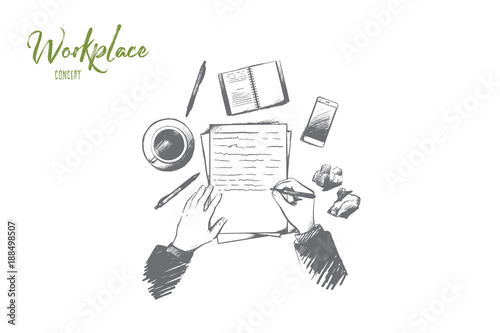Workplace concept. Hand drawn top view of person writing in notepad placed on table. Desktop with a coffee cup, smartphone and other supplies isolated vector illustration.
