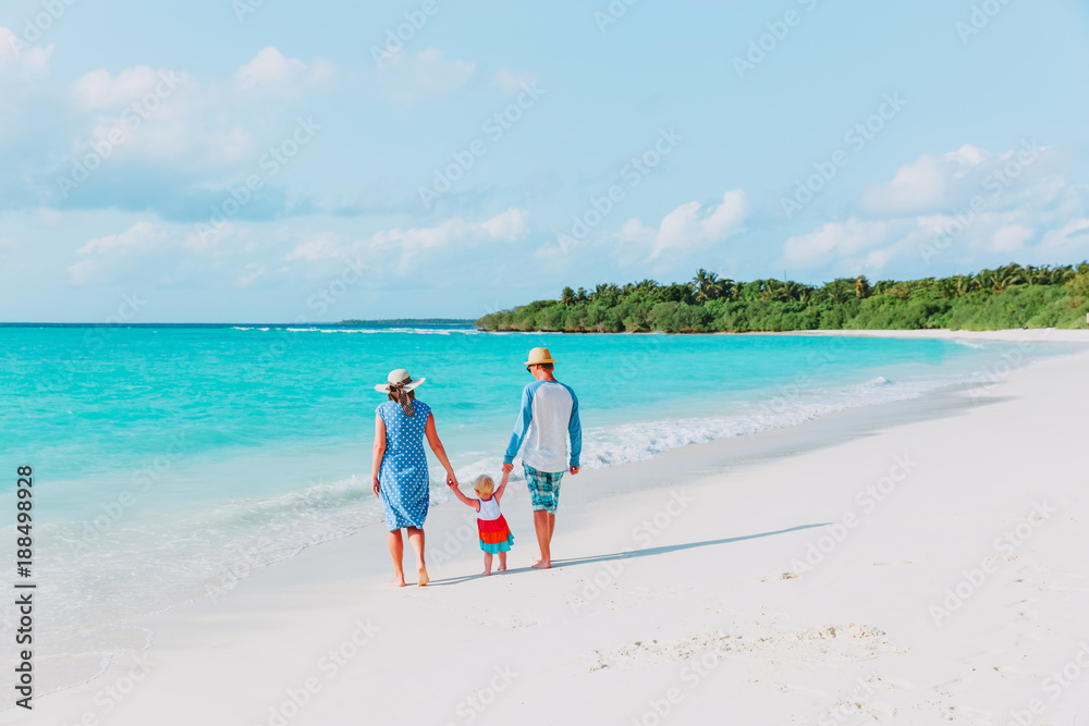 family with little baby walk on tropical beach