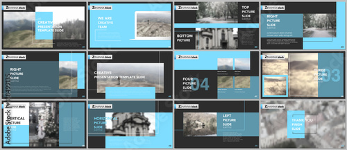 Clean and minimal presentation templates. Blue elements on a black background. Brochure cover vector design. Presentation slides for flyer, leaflet, brochure, report, marketing, advertising, banner.
