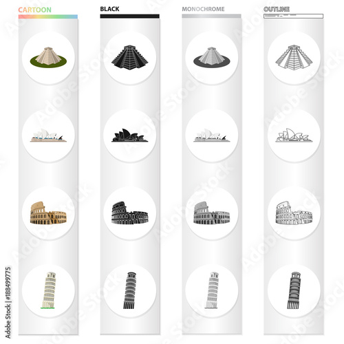 Pyramid in Mexico, the theater in Sydney, the Colosseum in Rome, the Leaning Tower of Pisa. Architecture of different countries set collection icons in cartoon black monochrome outline style vector