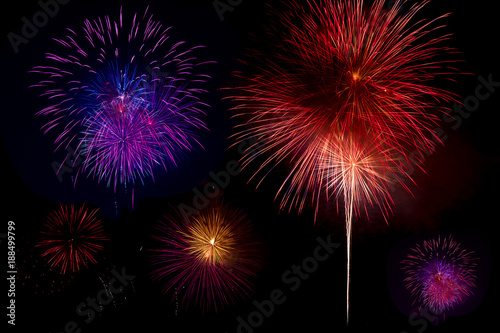 Set of colorful fireworks isolated on the black background, Colorful fireworks collection