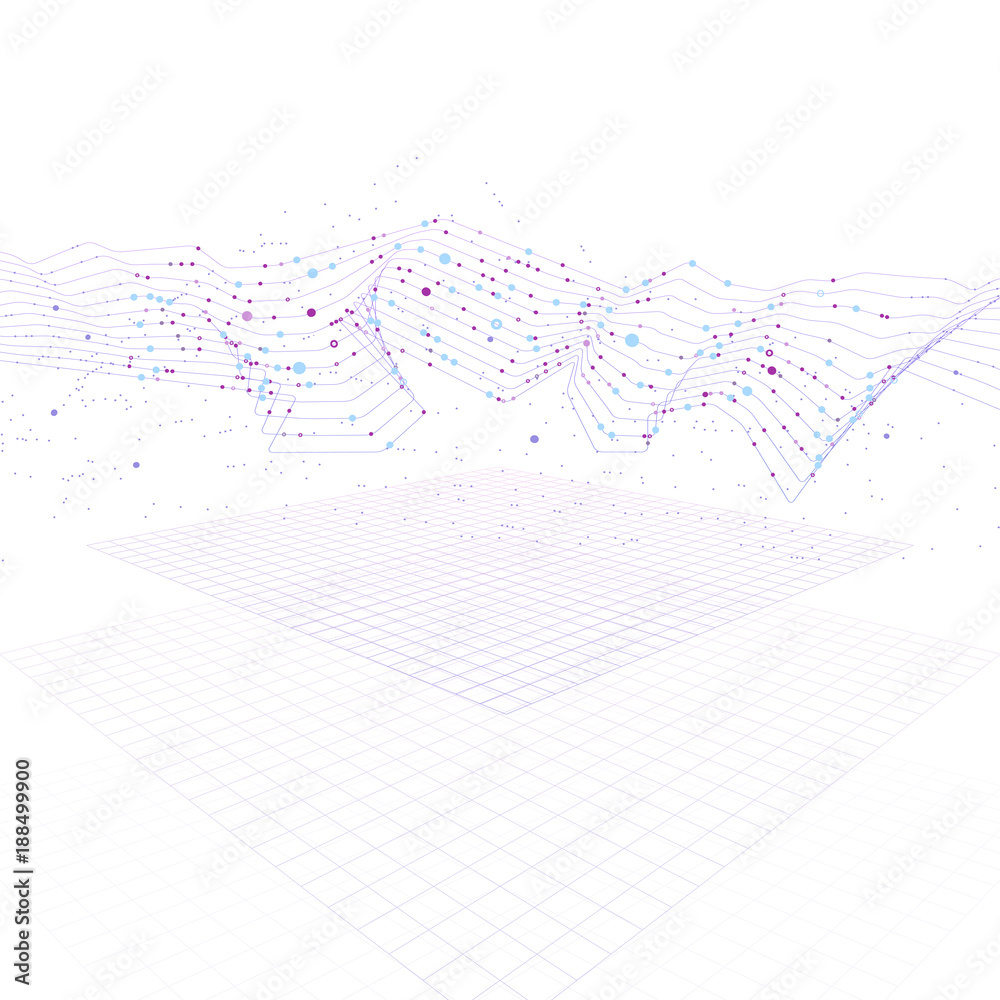 Big data stream futuristic infographic on digital cyber surface. Quantum computing, cryptography, trendy technologies infographic. 3D Bigdata visualization. Abstract visual data vector design.