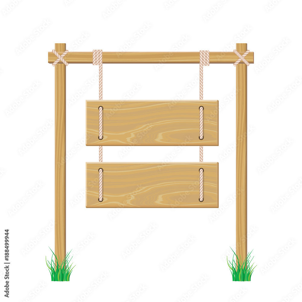 Blank wooden signboard hanging on rope. Isolated on white background. Blank wooden signboard hanging on rope. Isolated on white background.