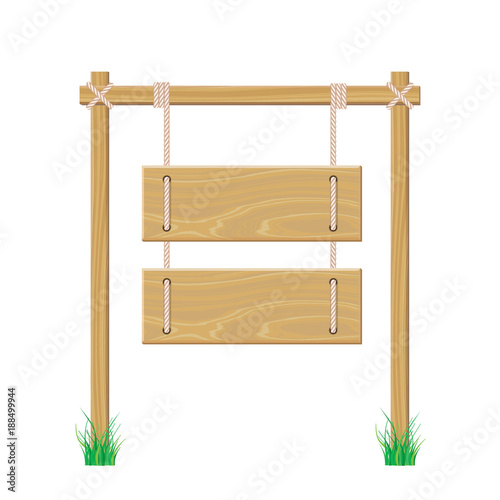 Blank wooden signboard hanging on rope. Isolated on white background.