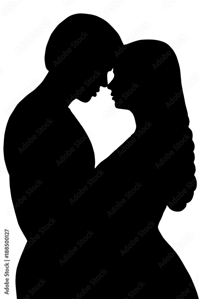 Couple Kiss Silhouette, Man and Woman Kissing in Heart Shape Contour