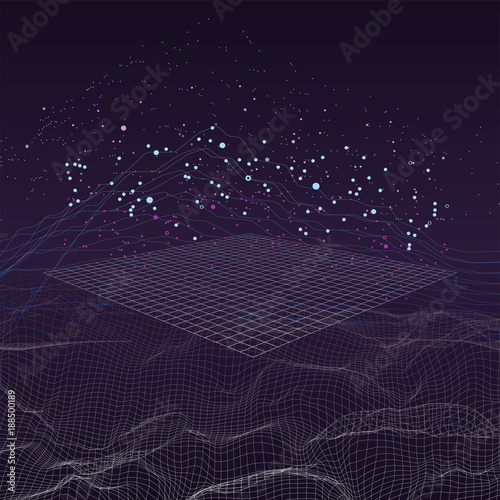 Big data stream futuristic infographic on digital cyber surface. Quantum computing, cryptography, trendy technologies infographic. 3D Bigdata visualization. Abstract visual data vector design.