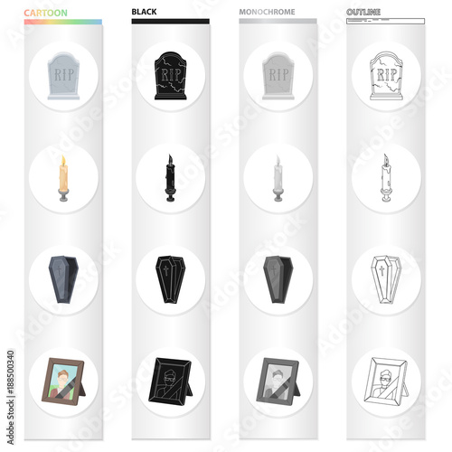 A gravestone with an inscription, a lighted candle, a coffin, a photograph of the deceased. Funeral ceremony set collection icons in cartoon black monochrome outline style vector symbol stock