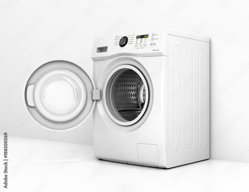 Washing machine with an open door on a white wall background 3d illustration