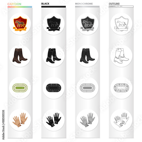 The emblem of the hippodrome, the rider's boots, the racetrack, the gloves. Horse Racing set collection icons in cartoon black monochrome outline style vector symbol stock illustration web.