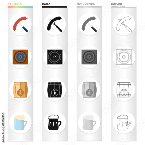 Sausage on the fork, musical speaker in the pub, wooden barrel with beer, beer mug. Pab and party set collection icons in cartoon black monochrome outline style vector symbol stock illustration web.