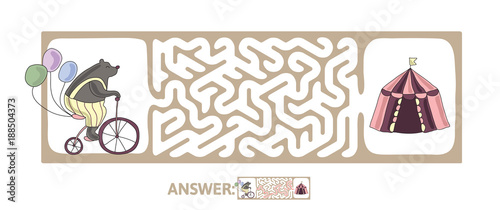 Children's maze with bear on a bike and circus tent. Cute puzzle game for kids, vector labyrinth illustration.