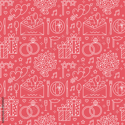 Wedding party seamless pattern, flat line illustration. Vector icons of event agency, organization - rings, balloons, gifts, invitation, flowers. Cute red repeated background.