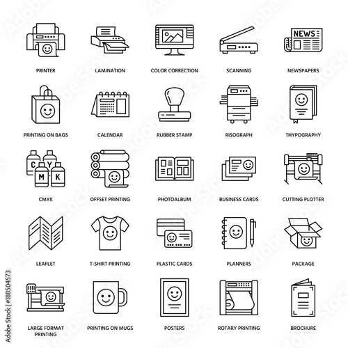 Printing house flat line icons. Print shop equipment - printer, scanner, offset machine, plotter, brochure, rubber stamp. Thin linear signs for polygraphy office, typography.