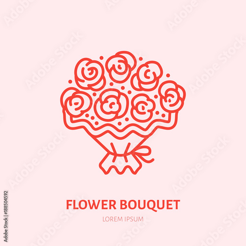 Flowers bouquet illustration. Red roses flat line icon. Valentines day present sign.