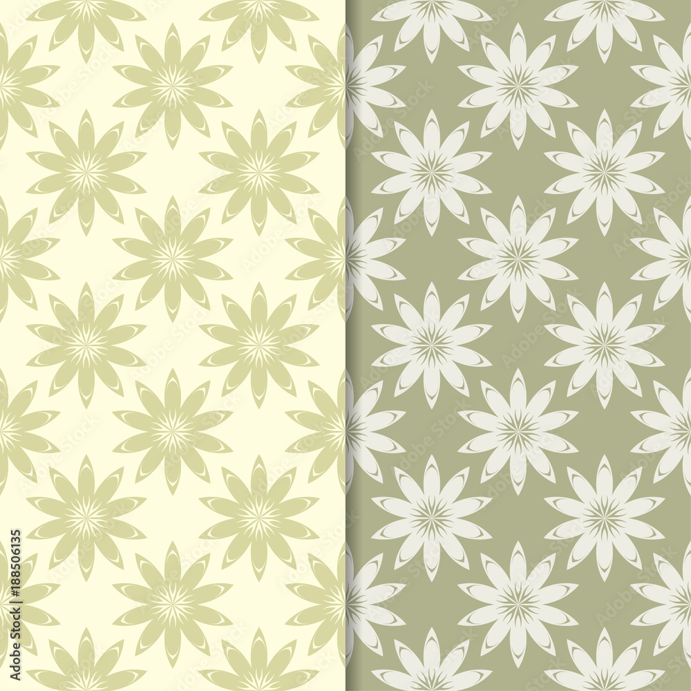 Olive green floral ornamental backgrounds. Set of seamless patterns Olive green floral ornamental backgrounds. Set of seamless patterns