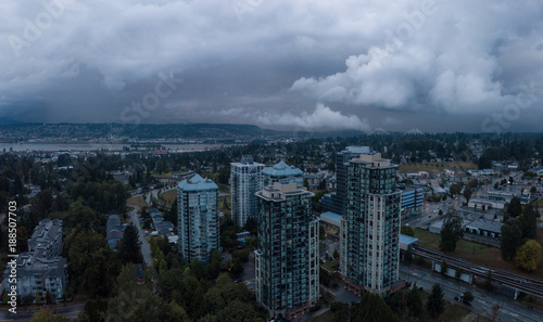 Aerial panoramic view of Surrey City in Greater Vancouver, British Columbia, Canada. Taken during a rainy evening.