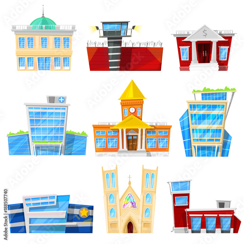 Building facade cityscape vector officebuilding or apartments architectural city bank hospital or church prison and hotel business newbuild illustration isolated on white background