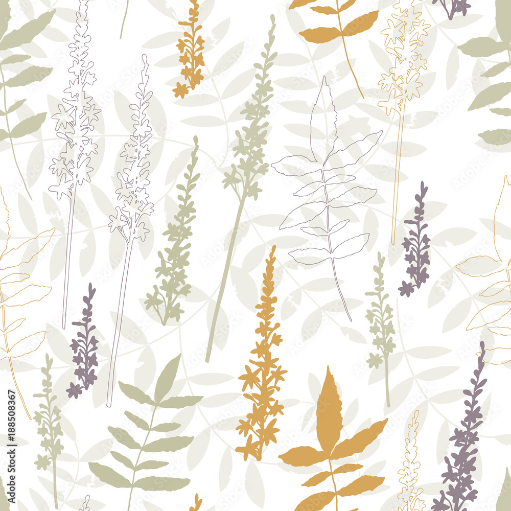 Floral vector seamless pattern with hand drawn meadow flowers, twigs and leaves. Floral vector seamless pattern with hand drawn meadow flowers, twigs and leaves.