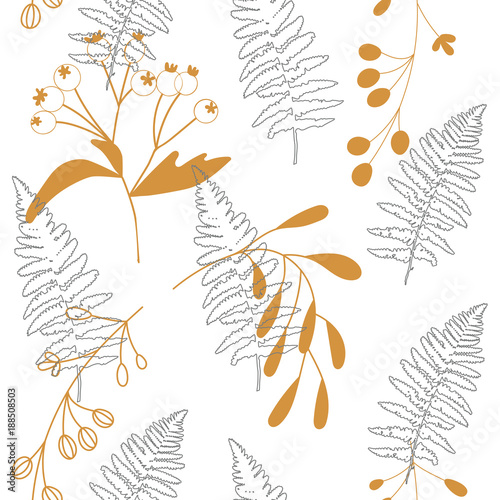 Vector botanical seamless pattern with  stylized rowan tree berries and fern ...