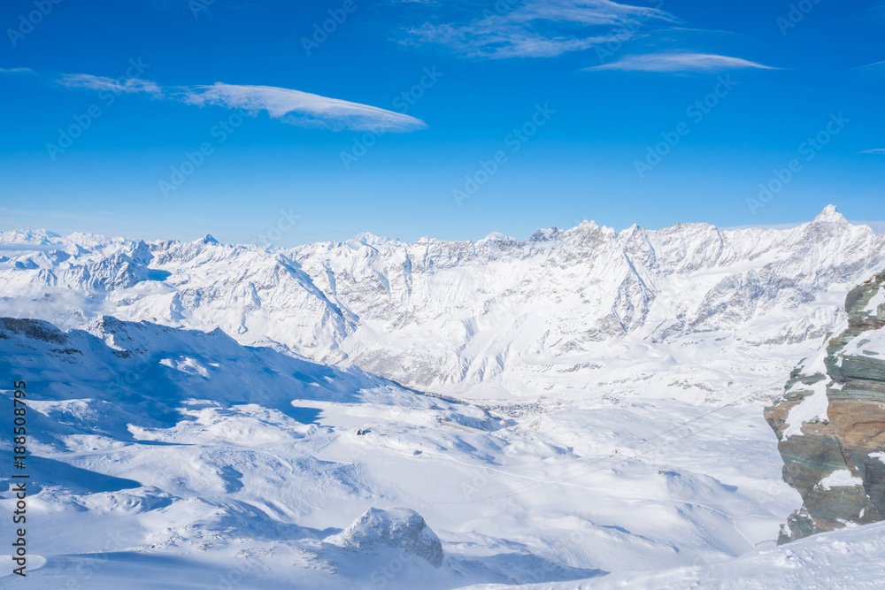 View of Italian Alps in the winter in the Aosta Valley region of northwest Italy.