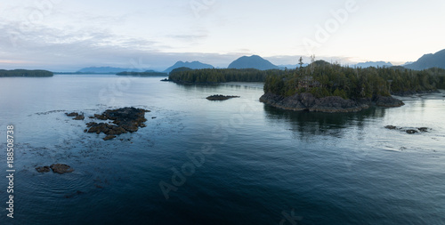 Aerial panoramic landscape view of the rocky Pacific Ocean Coast during a vibrant summer morning. Taken in Ucluelet, Vancouver Island, British Columbia, Canada.   © edb3_16