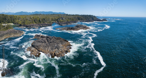 Aerial panoramic view of the beautiful Pacific Ocean Coast during a vibrant sunny summer day. Taken near Tofino, Vancouver Island, British Columbia, Canada.
