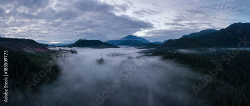 Aerial Drone Panoramic View of the Beautiful Canadian Landscape during a cloudy sunset. Taken in Vancouver Island  British Columbia  Canada.