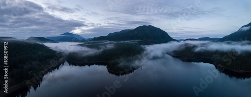 Aerial Drone Panoramic View of the Beautiful Canadian Landscape during a cloudy sunset. Taken in Vancouver Island, British Columbia, Canada.