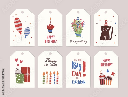Collection of birthday labels or tags with bouquet of flowers, cupcake with b...