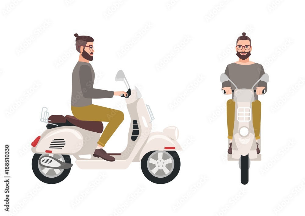 Hipster man or male cartoon character with trendy hairstyle and beard  riding scooter. Stylish boy sitting on modern motor vehicle isolated on  white background. Vector illustration in flat style. Stock Vector |