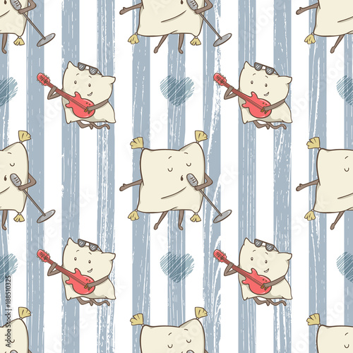 Pajama Party Invitation Card Template With cute cartoon Pillow Inviting Kids For The Slumber Pyjama Overnight Sleepover. seamless pattern for fabrics, apparel, home decoration or wrapping paper design