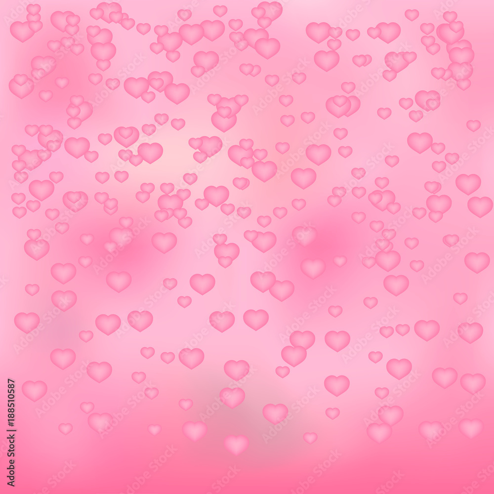 Soft pink hearts confetti background. Valentine’s day shiny greeting card. Romantic vector illustration. Easy to edit design template.