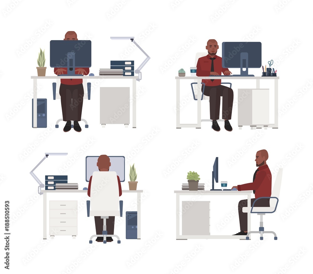 Man working on computer at workplace. Male office worker sitting in chair at desk. Flat cartoon character isolated on white background. Front, side and back views. Modern colorful vector illustration.